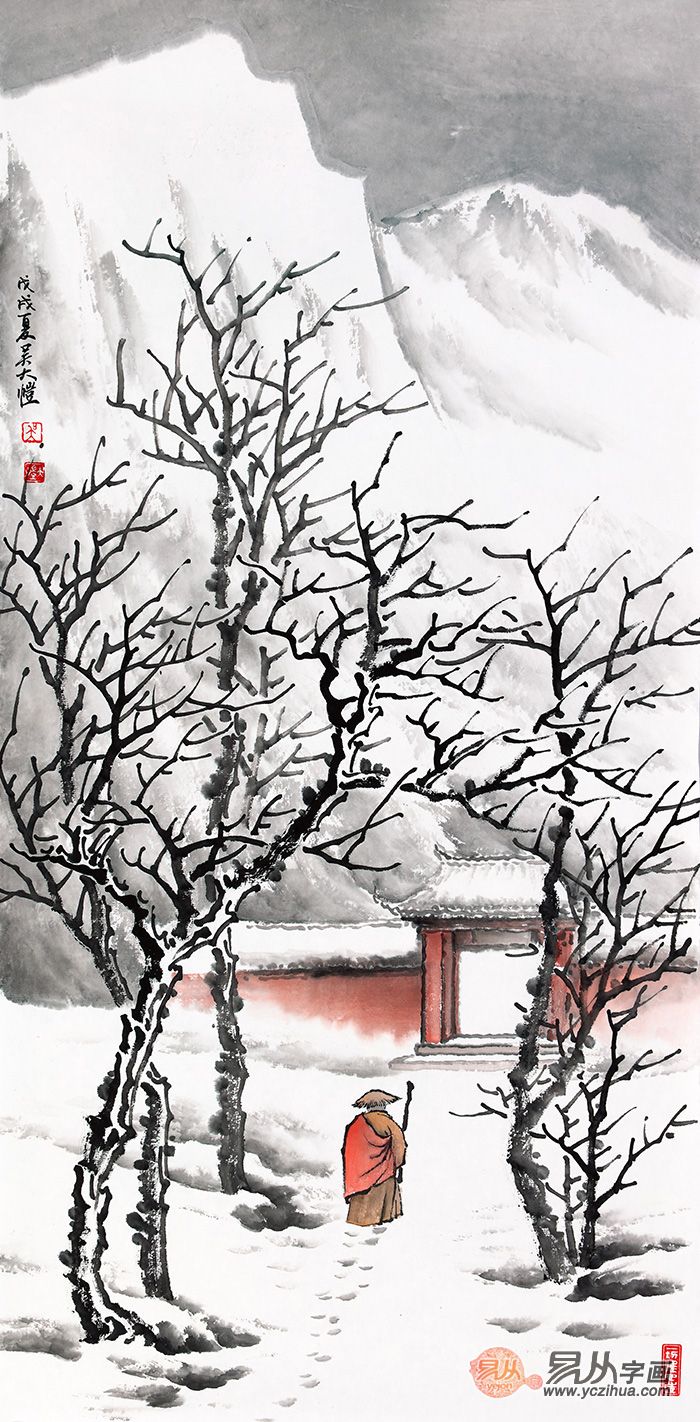 这幅作品《静心悟禅》是吴大恺老师经典的雪景山水画,用