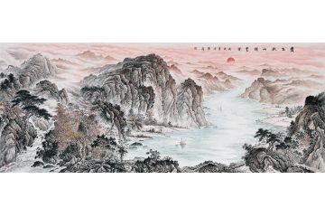 收藏必升值 赵洪霞八尺横幅国画《霞飞秋山朗云开》