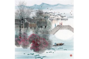 江南精美小品 诸明新品山水画《小桥流水人家》