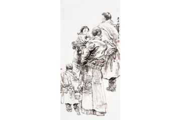 中美协会员覃日群藏族人物画《果洛晒佛节》