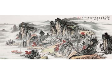 易天也最新国画《清秋携手夕阳台 水碧山明锦障开》