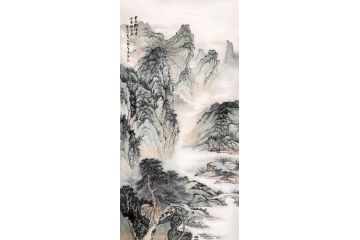余静最新力作竖幅山水画《云起群峰秀 水远醉含秋》