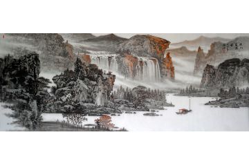 林德坤最新六尺横幅写意山水画《溪山观瀑图》