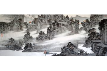 林德坤手绘六尺横幅山水画新品《溪山观瀑图》