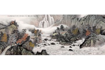 余静最新力作六尺横幅山水画《春风春雨花经眼》