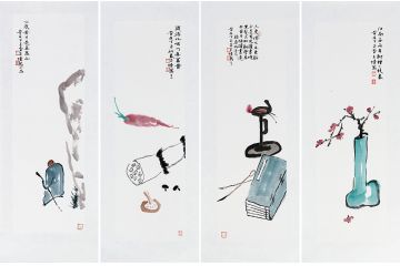 姜丕强新品花鸟画四条屏《识得此味乃真富贵》