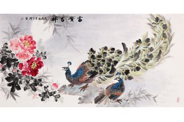 画家丁珂孔雀牡丹图《富贵吉祥》