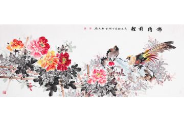 画家丁珂六尺牡丹锦鸡图《锦绣前程》