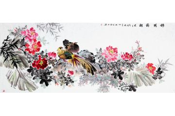丁珂八尺横幅牡丹锦鸡图《锦绣前程》