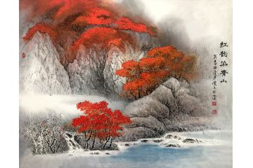 胡爱民新品斗方山水画《红韵染青山》