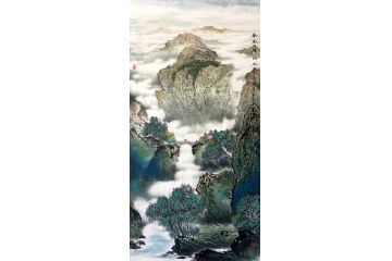 胡爱民新品竖幅山水画作品《春风一阵山水秀》