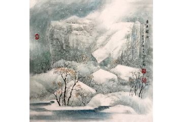 雪景山水 胡爱民斗方山水画作品《冬月银妆》