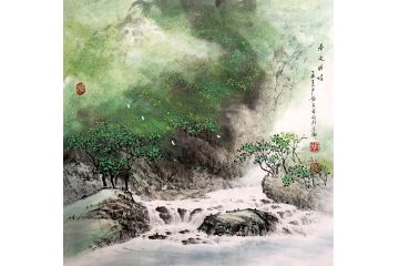 胡爱民斗方山水画作品《春光明媚》