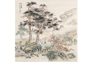 王宁新品力作仿古斗方山水画作品《秋山雅聚》