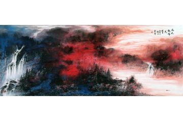 美协画家赵洪霞新品泼彩山水画《九九艳阳天》