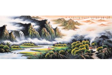薛大庸山水画《送勤照和尚往睢阳赴太守请唐·刘长卿》