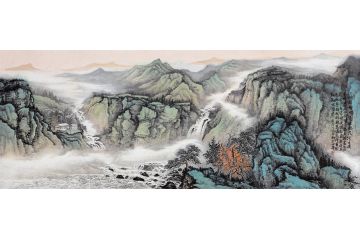 中美协画家余静最新六尺横幅国画《江㟁炊烟暗色妆》