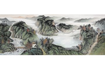 余静老师六尺横幅青绿国画《修竹临清池 平畴带城曲》