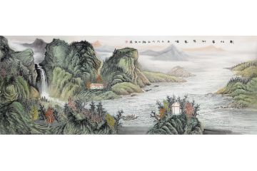 沙发背景墙挂画 余静新品青绿山水画《数村华柳簇春烟》