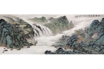 余静新品六尺横幅山水画作品《云腾峰起 碧水长流》