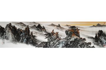 林德坤最新力作横条幅山水画作品《云海高亭》