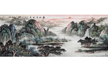 田园风景画 张利新作山水画《春山溪水长》