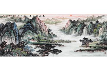 张利新品力作八尺横幅田园装饰画《春山溪水长》