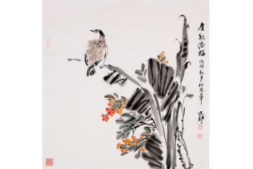 何文铮新品斗方花鸟画《金秋添福》