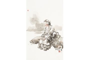 中美协会员覃日群国画人物《数佛珠的藏族小女孩》