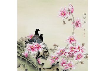 王一容新品斗方花鸟画海棠鸽子图《玉棠春》