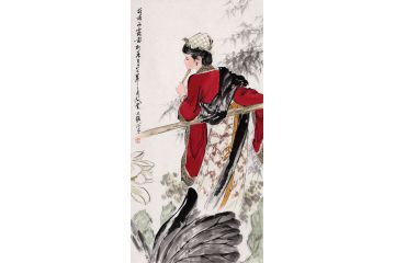王文强四尺竖副写意人物画《荷塘雨露图》