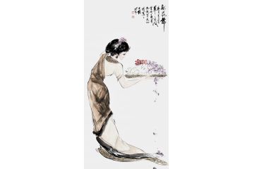 王文强四尺竖幅写意人物画《献花舞》