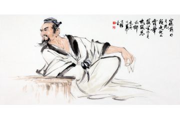 高士图 王文强四尺横幅写意人物画《静夜思·李白》