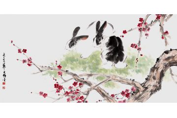 国画兔子 王文强写意动物画《玉兔嗅寒香》