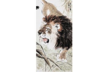 雄狮图 王文强四尺竖幅写意动物画《雄狮》
