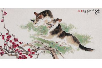 国画狗 王文强四尺横幅写意动物画《梅花双义图》