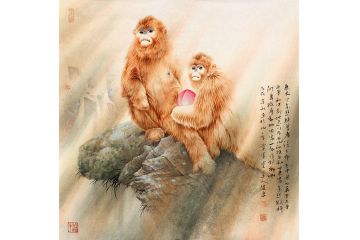 中美协会员蓝健康工笔动物画《金猴献瑞》
