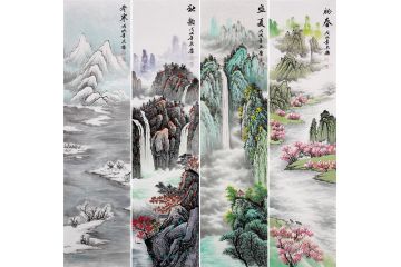 四季四条屏 宋唐手绘国画山水画《春夏秋冬》