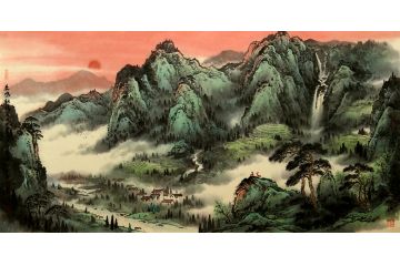 魏宏声四尺横幅写意山水画新品《鹿鸣朝阳》