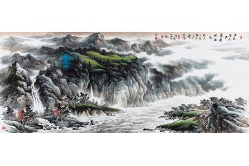 高吉良最新八尺横幅国画《水光浮日出 霞彩映江飞》