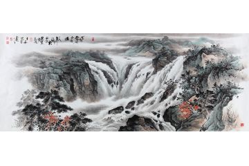 高吉良新品八尺横幅国画作品《天耸云舒水自流》