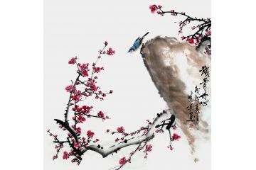 画家郑晓京斗方红梅蓝雀图《铁骨丹心》