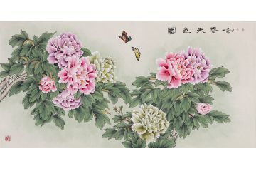 国画牡丹图 王一容新品四尺横幅花鸟画《国色天香》