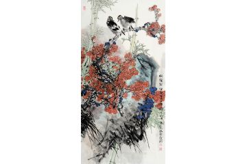 中美协画家王忠义四尺竖幅花鸟画《枝头絮语》