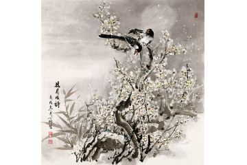 丁珂老师最新斗方喜鹊、梅花作品《花月成诗》