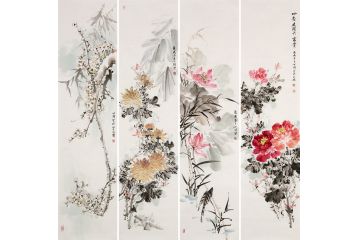 丁珂老师最新力作花鸟画四条屏《四季花开大富贵》