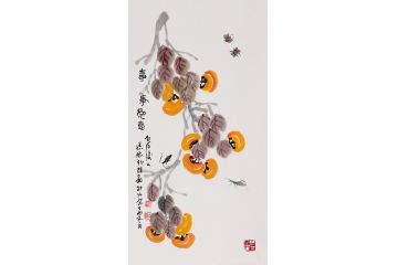 朴喆老师竖幅写意柿子图《事事如意》