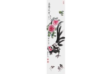 朴喆老师四尺竖幅公鸡图《益寿延年》