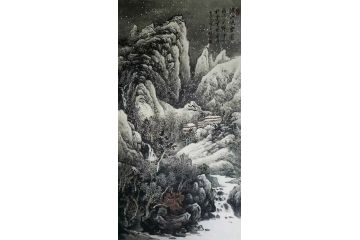 高吉良新品四尺竖幅雪景山水画《溪山映雪图》