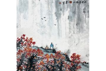 墙面装饰画 王建军斗方山水画小品《观瀑图》
